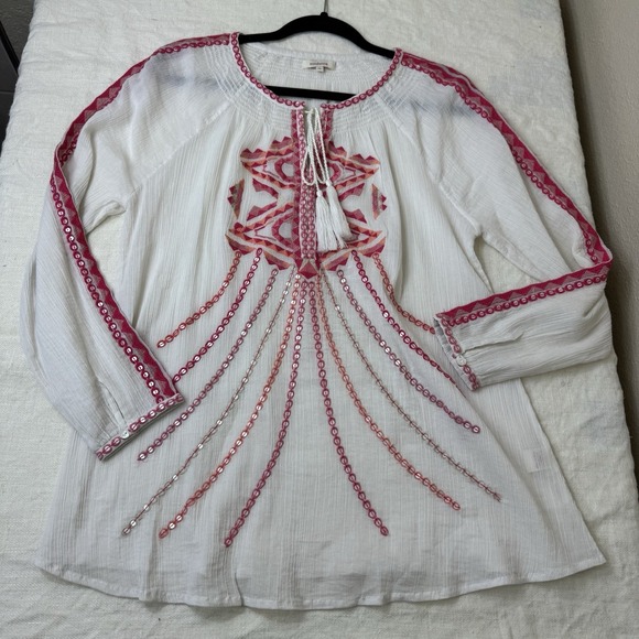 Sundance Tops - Sundance Embroidered White Boho Top Size M Cottage Cotton Flowy Sparkle Festival